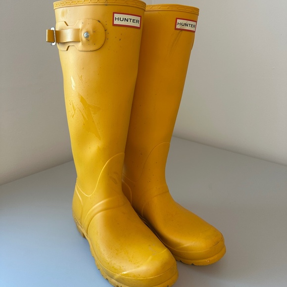 Hunter Original Tall Rain Boots Yellow Natural Rubber Waterproof Wellies - Picture 2 of 7